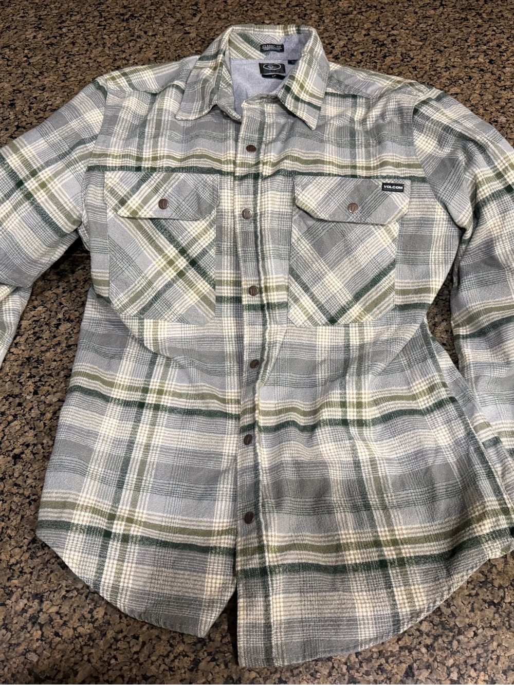 Volcom Green, Gray & White Plaid Button-Down Shirt